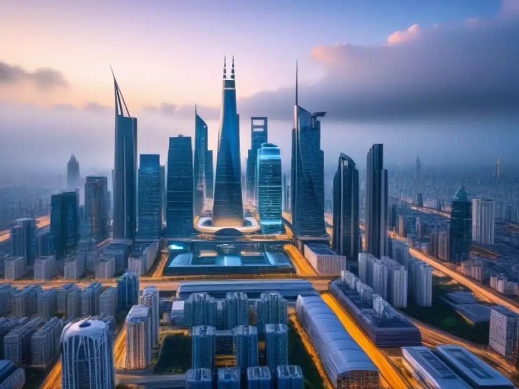 Metrópolis futurista: desarrollo urbano moderno y financiero Vista futurista de una ciudad con rascacielos y sistemas de transporte avanzados, destacando el desarrollo urbano moderno y el distrito financiero