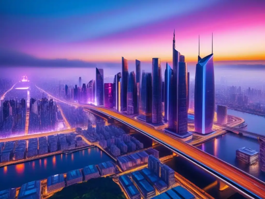 Horizonte futurista: ciudad de cristal y acero al atardecer Vista futurista de la ciudad con rascacielos de vidrio y acero, reflejando la urbe iluminada al anochecer