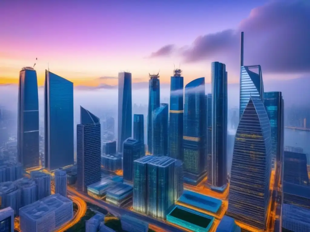 Metrópolis futurista: tecnología innovadora para hipotecas futuras Vista futurista de la ciudad al anochecer con rascacielos iluminados, autos voladores y gráficos financieros holográficos, reflejando innovación y tecnología avanzada para hipotecas basadas en ingresos futuros