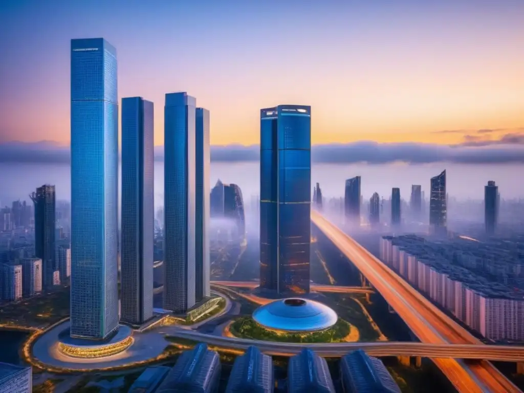 Metrópolis futurista: arquitectura moderna y tecnología avanzada Vista futurista de la ciudad al anochecer, con rascacielos iluminados y sistemas de transporte avanzados integrados, simbolizando progreso y prosperidad con hipotecas basadas en ingresos futuros