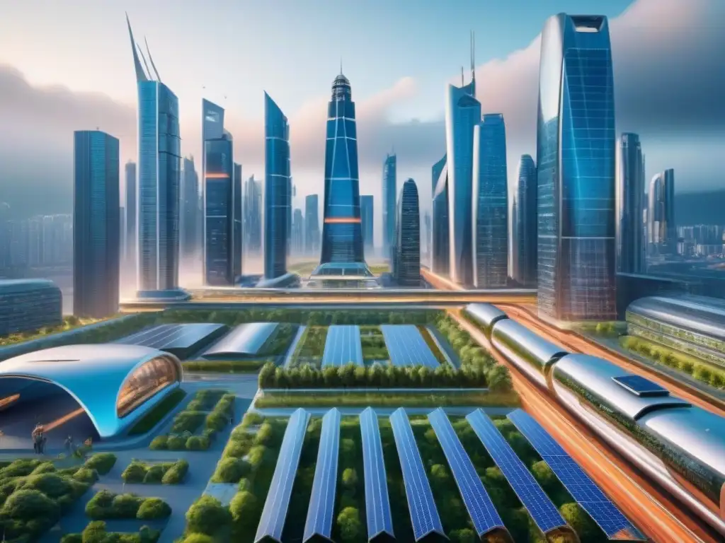 Metrópolis futurista: armonía entre modernidad y naturaleza Vista futurista de la ciudad con rascacielos modernos y espacios verdes, mostrando una fusión armoniosa entre urbanismo y naturaleza
