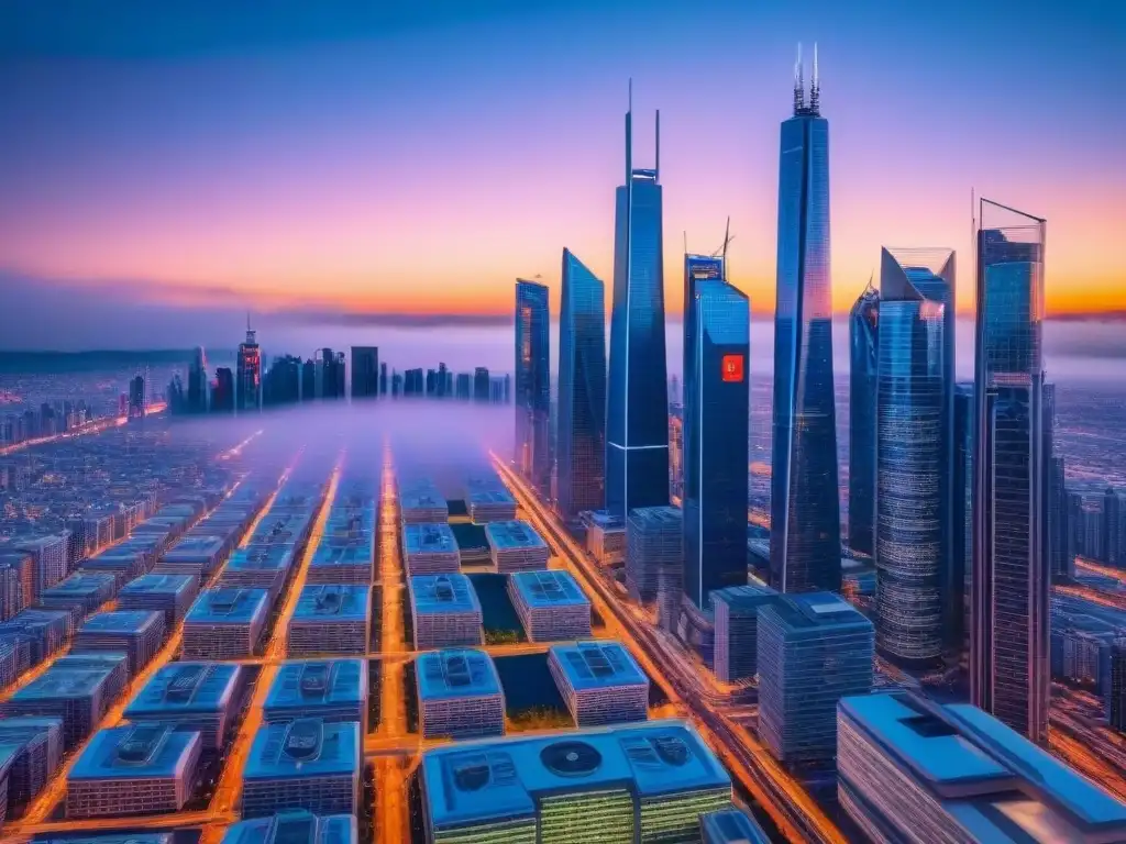 Metropolis futurista en 8k: tecnología financiera avanzada Vista futurista de la ciudad al anochecer con rascacielos brillantes y autos voladores, mostrando hipotecas basadas en ingresos futuros