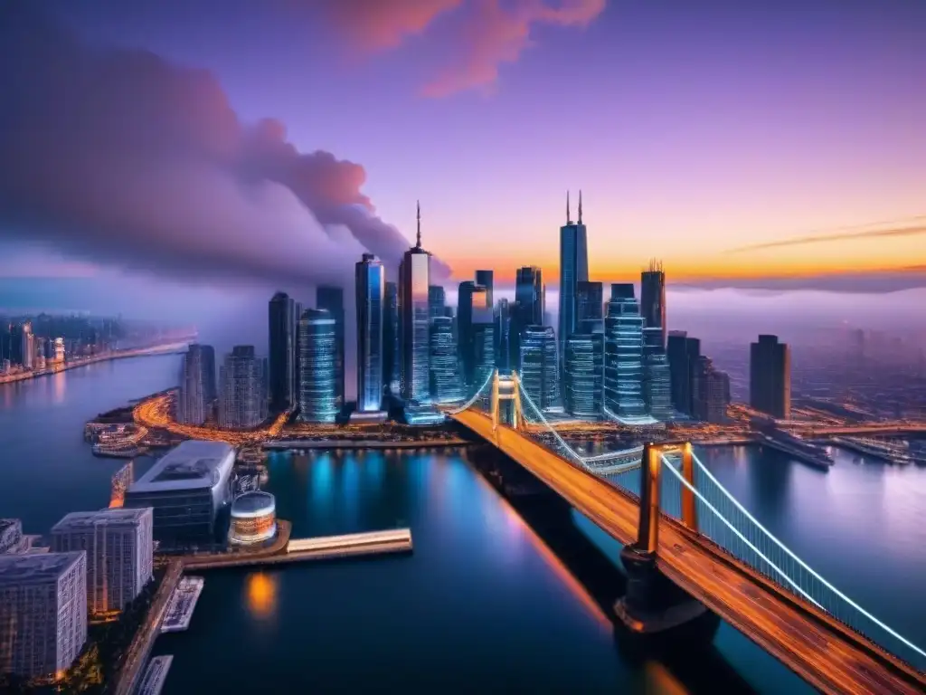 Metrópolis futurista: rascacielos interconectados con tecnología avanzada Vista futurista de una ciudad con rascacielos conectados por puentes brillantes, destacando la integración tecnológica en una metrópolis vibrante