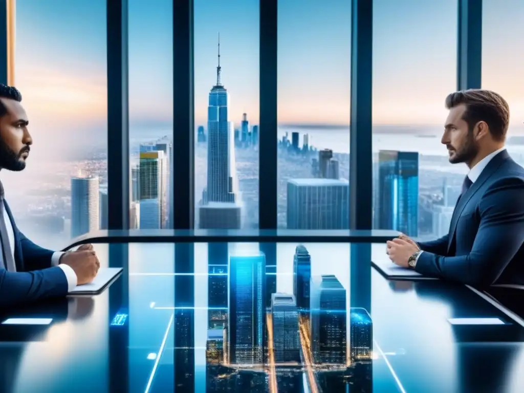 Cityscape futurista: innovación financiera en rascacielos Vista futurista de una ciudad con rascacielos y profesionales discutiendo estrategias financieras