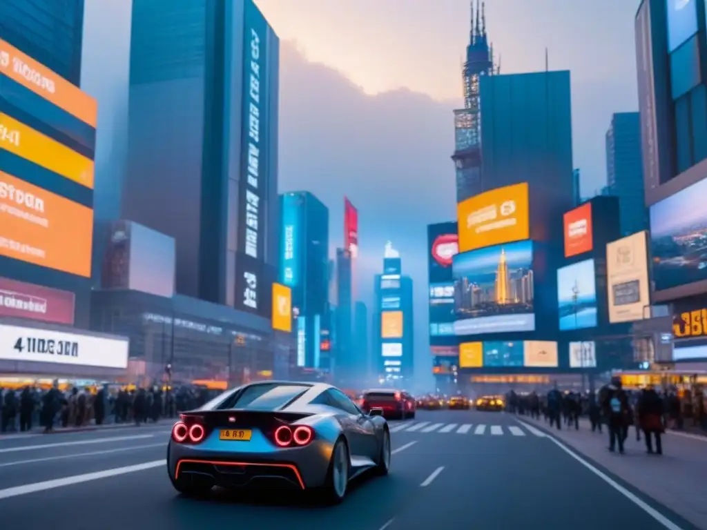 Metrópolis futurista: tecnología y bienes raíces Vista futurista de la ciudad al anochecer, con rascacielos iluminados, vallas publicitarias digitales y autos inteligentes