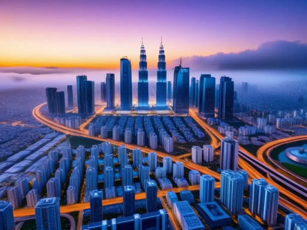 Metrópolis futurista: tecnología inmobiliaria de vanguardia Vista futurista de una ciudad al anochecer con rascacielos iluminados y sistemas de transporte avanzados, simbolizando estrategias retargeting mercado inmobiliario