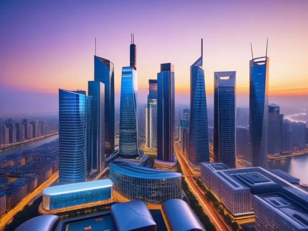Horizonte futurista: Finanzas inmobiliarias 2023 Vista futurista de la ciudad al anochecer, con rascacielos iluminados y sistemas de transporte avanzados