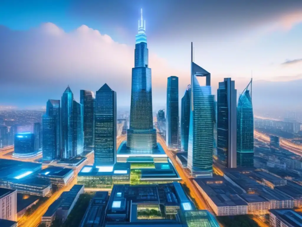 Vista futurista de ciudad con rascacielos de cristal y datos digitales, simbolizando la Tecnología Blockchain en Financiamiento Inmobiliario