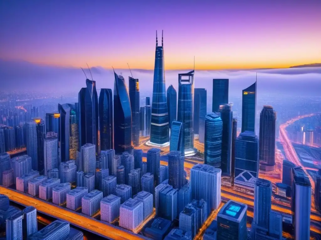Metrópolis futurista: Valoraciones inmobiliarias en tiempo real Vista futurista de una ciudad al anochecer con rascacielos brillantes y sistemas de transporte avanzados, transmitiendo innovación y progreso en avalúos en financiamiento inmobiliario