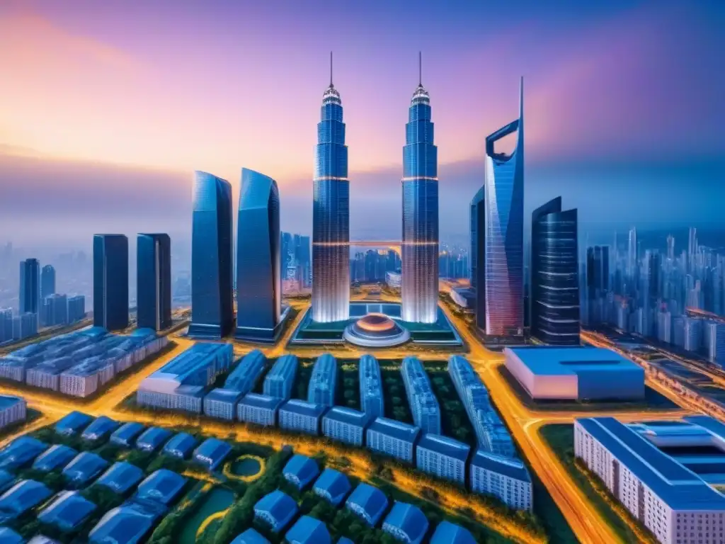 Metrópolis futurista: arquitectura avanzada y tecnología punta Vista futurista de la ciudad al anochecer con rascacielos avanzados y drones, reflejando tecnología financiamiento inmobiliario tendencias