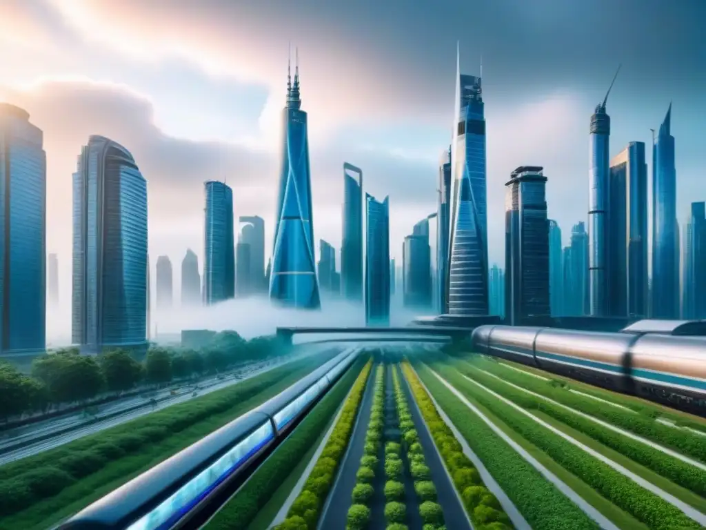 Visión futurista: ciudad eco-amigable y dinámica Vista futurista de una ciudad con rascacielos modernos y sistemas de transporte avanzados, reflejando las tendencias del mercado inmobiliario regional
