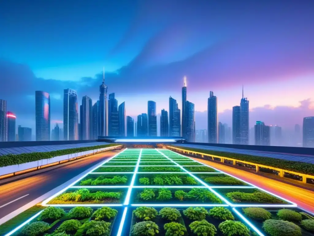 Cityscape futurista: tendencias inmobiliarias y tecnología innovadora Vista futurista de la ciudad al anochecer con rascacielos, pantallas digitales y jardines en azoteas
