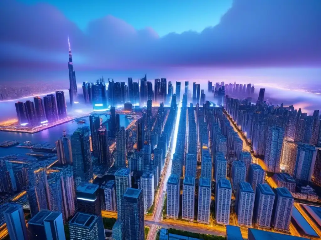 Metrópolis futurista: arquitectura innovadora en 8k Vista futurista de una ciudad con rascacielos brillantes y tecnología avanzada