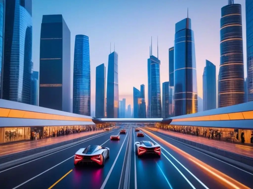 Metrópolis futurista: innovación en el mercado inmobiliario 2021 Vista futurista de una ciudad al anochecer con rascacielos iluminados, autos voladores y pantallas digitales brillantes