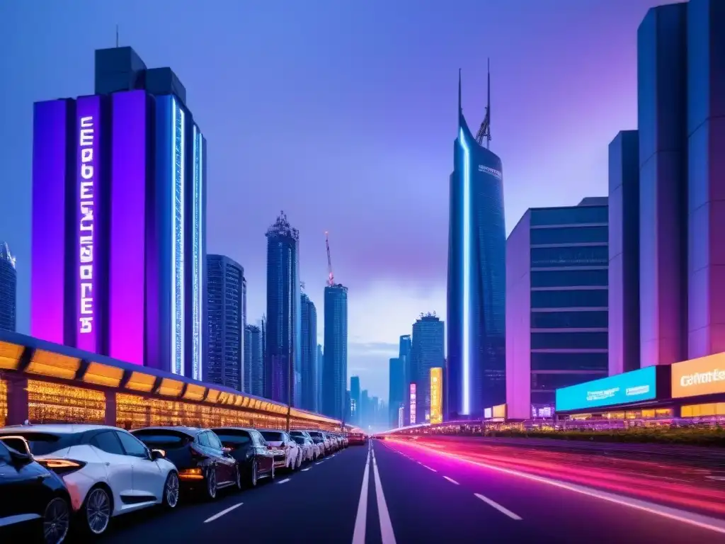 Metrópolis futurista: innovación financiera en bienes raíces Vista futurista de la ciudad al anochecer con rascacielos reflectantes en un cielo morado, mostrando casos de estudio financiamiento inmobiliario