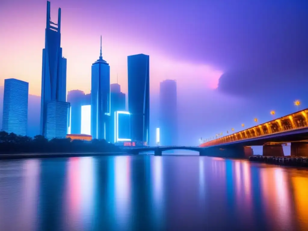 Metrópolis futurista: innovación en asistencia financiera inmobiliaria Vista futurista de la ciudad al anochecer, con rascacielos iluminados por luces neón, reflejándose en un río tranquilo