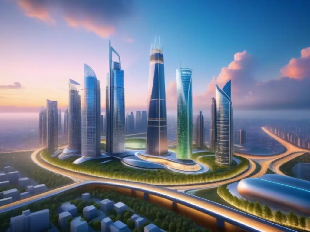 Metrópolis futurista: rascacielos eco en atardecer vibrante Vista futurista de una ciudad con rascacielos innovadores y espacios verdes integrados al atardecer