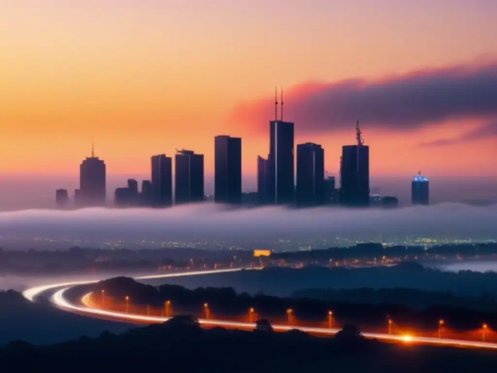Horizonte futurista con rascacielos y atardecer vibrante Vista futurista de una ciudad con rascacielos reflejando los colores de un atardecer, mostrando un entorno urbano innovador