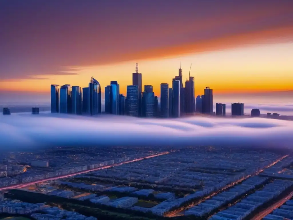 Metrópolis futurista: atardecer dorado en la ciudad moderna Vista futurista de una ciudad con rascacielos reflectantes al atardecer dorado, simbolizando las políticas de vivienda mercado