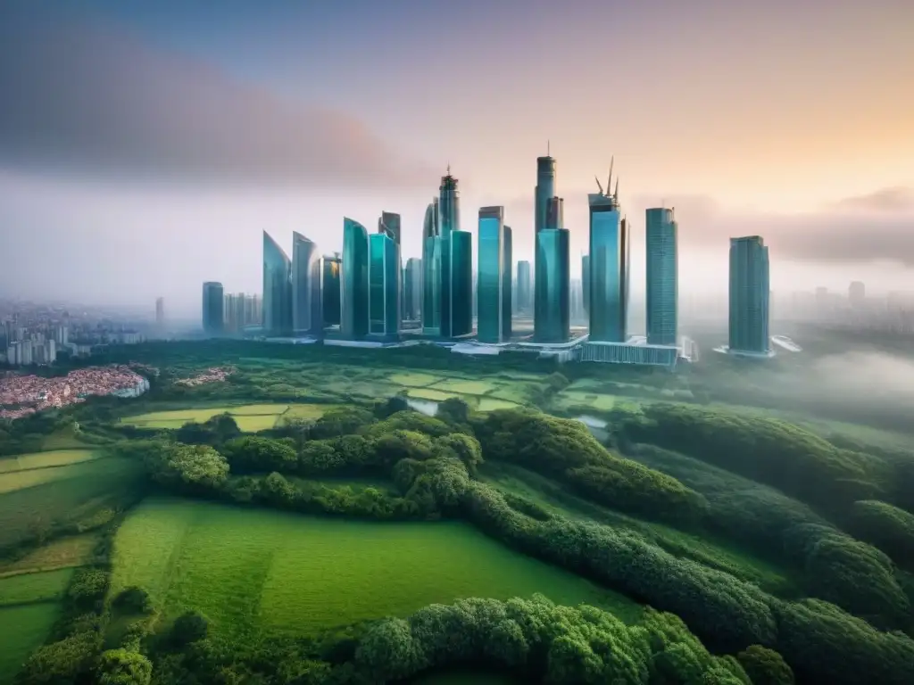 Skyline futurista: inversión crowdfunding en innovación y sostenibilidad Vista futurista de una ciudad con rascacielos y espacios verdes, ideal para Guía inversión crowdfunding inmobiliario