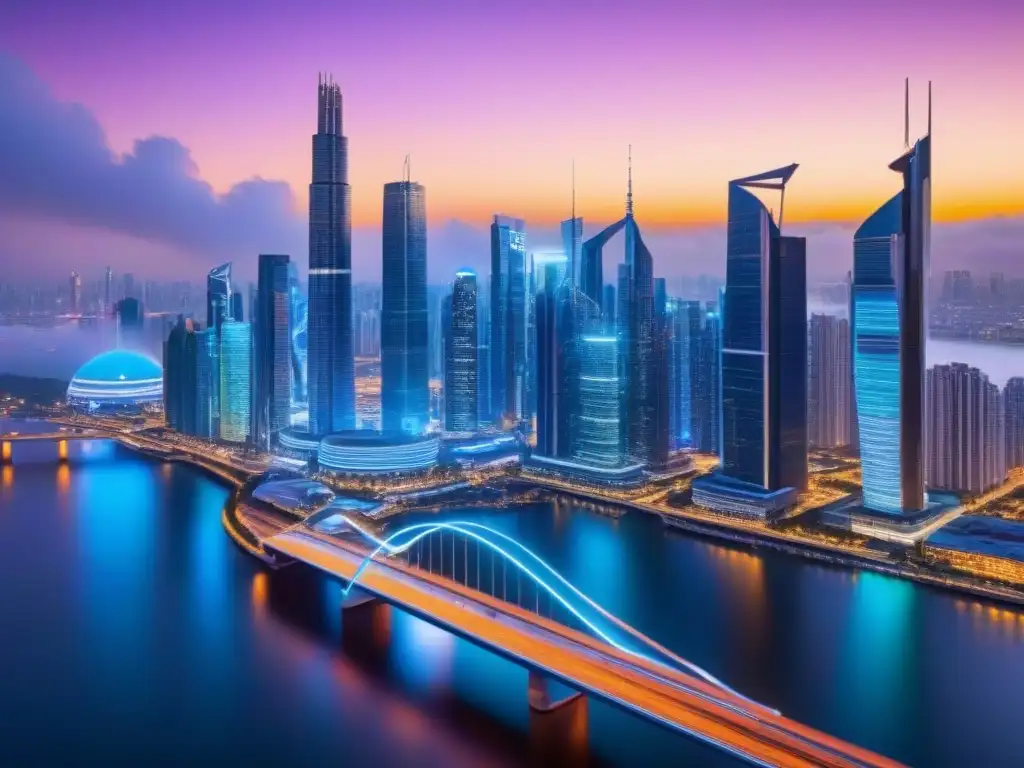 Horizonte urbano futurista: luces de neon y tecnología avanzada Vista futurista de la ciudad con rascacielos interconectados por puentes iluminados, simbolizando la fusión de tecnología e inversores postcrisis