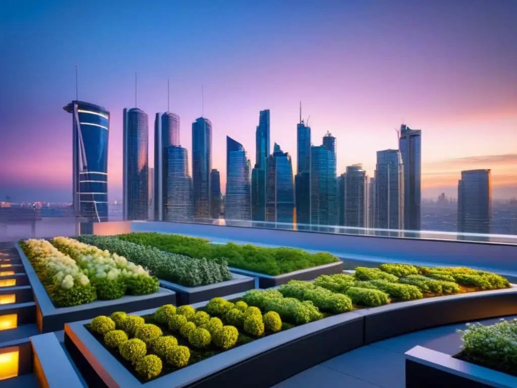 Metrópolis futurista con REITs innovadores Vista futurista de la ciudad al anochecer, con rascacielos iluminados y sistemas de transporte avanzados