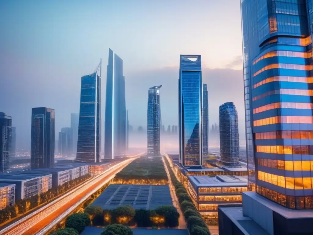 Vista futurista de la ciudad al anochecer con rascacielos modernos y tecnología integrada, reflejando tendencias financiamiento inmobiliario futuro