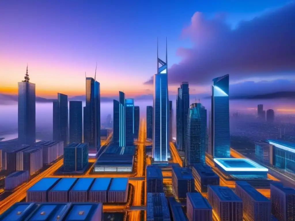 Metrópolis futurista al atardecer: tecnología y arquitectura en armonía Vista futurista de la ciudad al anochecer, con rascacielos brillantes y sistemas de transporte avanzados