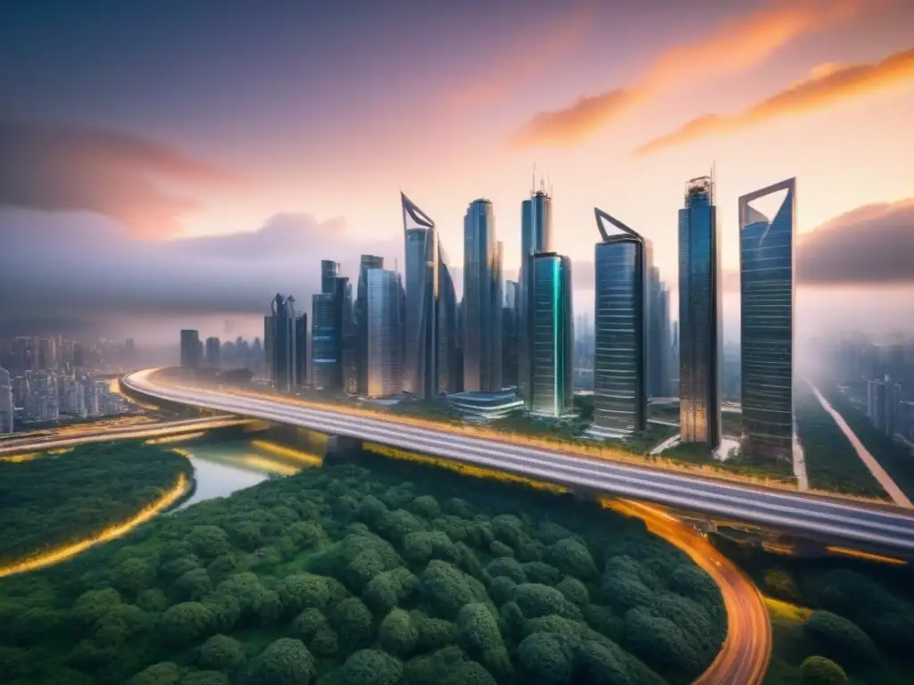 Metrópolis futurista: legislación inmobiliaria moderna Vista futurista de la ciudad con rascacielos y sistemas de transporte avanzados, simbolizando actualizaciones en legislación de bienes raíces