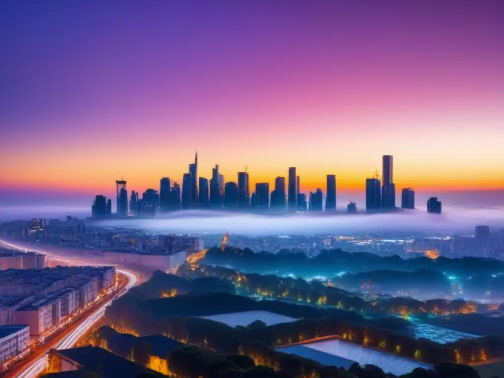 Metrópolis futurista: innovación en financiamiento inmobiliario Vista futurista de la ciudad con rascacielos reflectantes, luces neón y cielo crepuscular, destacando las Políticas de financiamiento inmobiliario