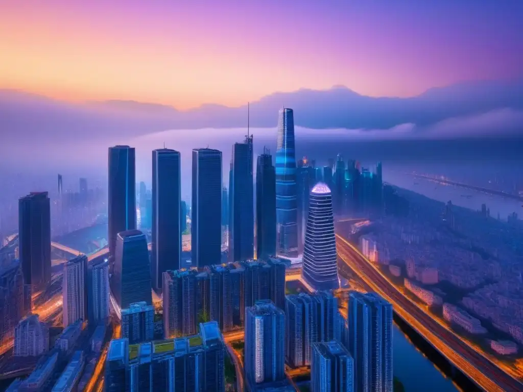 Vista futurista de la ciudad al anochecer, con rascacielos innovadores y luces neón vibrantes, ejemplificando la normativa urbanística inversión inmobiliaria