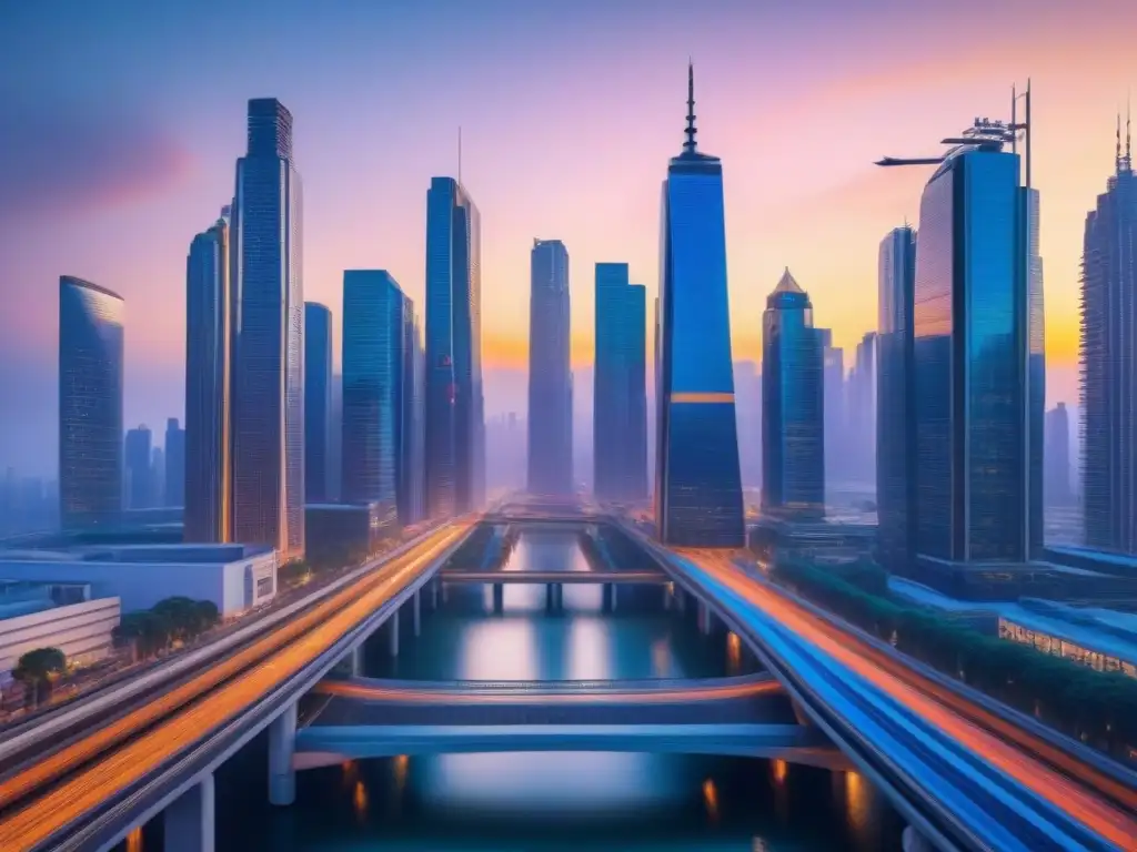 Metrópolis futurista: arquitectura vanguardista en un atardecer vibrante Vista futurista de una ciudad con rascacielos altos y modernos, reflejando un avance en el cumplimiento de nuevas leyes inmobiliarias