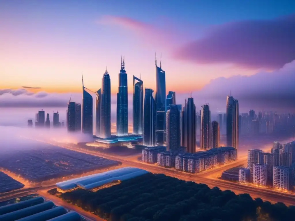 Metrópolis futurista: ciudad de innovación y sofisticación Vista futurista de la ciudad con rascacielos y hogar unipersonal, iluminados por un halo etéreo