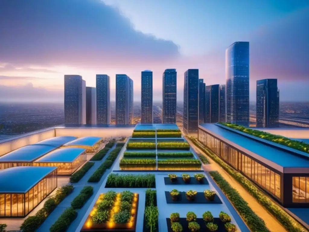 Metrópolis futurista con drones y rascacielos iluminados Vista futurista de una ciudad al anochecer con rascacielos iluminados y jardines en azoteas