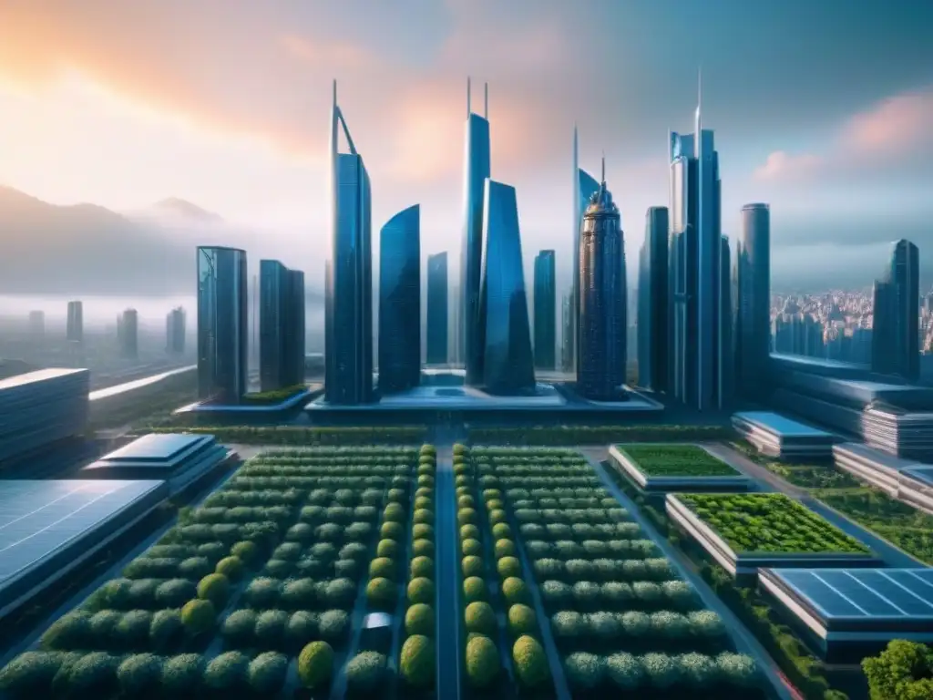 Metrópolis futurista: diseño arquitectónico innovador en 8k Vista futurista de la ciudad con rascacielos innovadores y tecnología avanzada