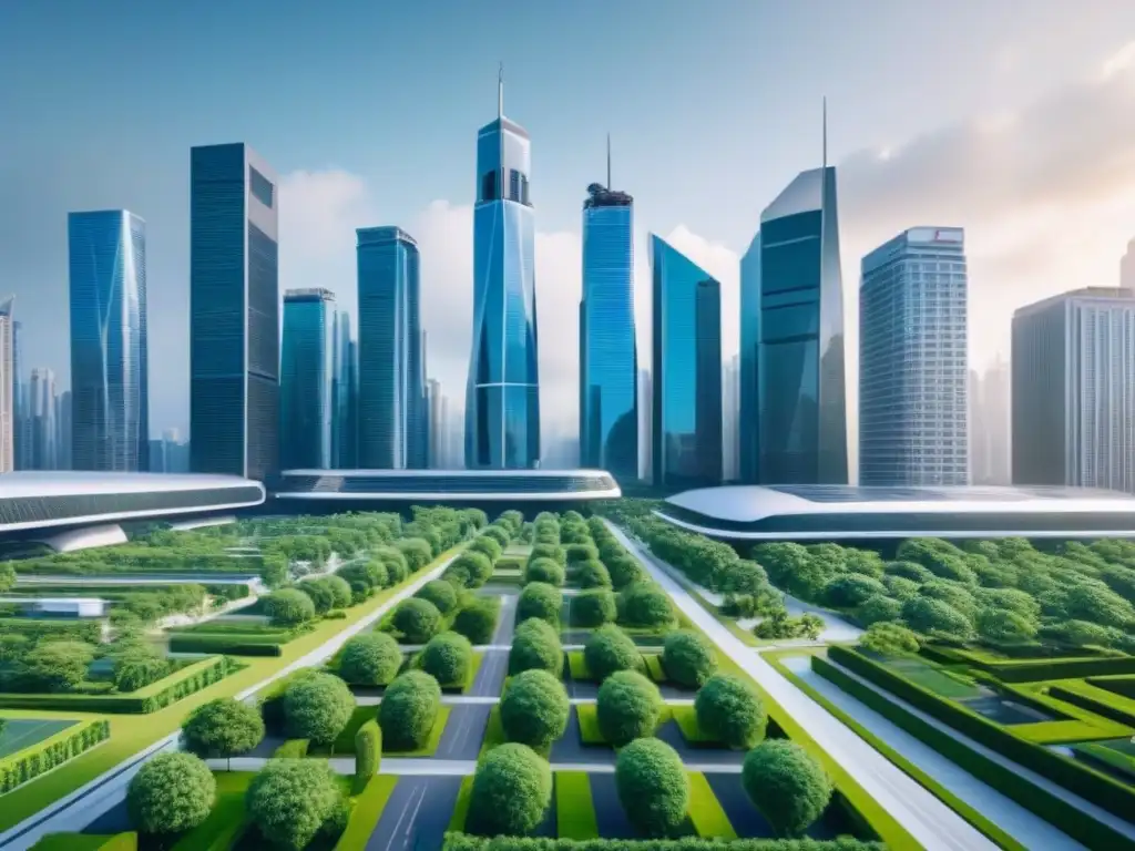 Metrópolis futurista: AI, rascacielos y naturaleza en 8k Vista futurista de una ciudad con rascacielos modernos y vegetación, destacando la Inteligencia Artificial en Financiamiento Inmobiliario