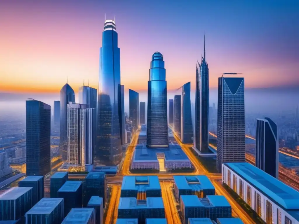 Horizonte futurista: ciudad innovadora al atardecer Vista futurista de ciudad con rascacielos modernos al atardecer, reflejando innovación y gestión de riesgos inmobiliarios