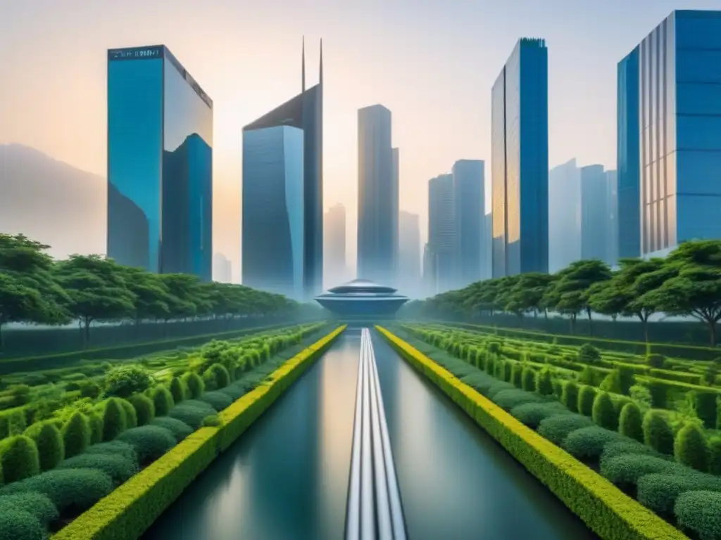Vista futurista de una ciudad con rascacielos y diseño arquitectónico vanguardista, rodeada de vegetación exuberante
