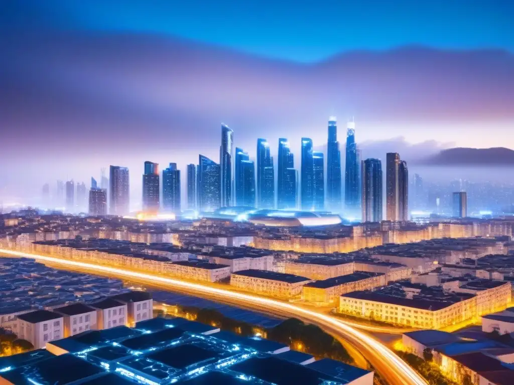 Skyline futurista blockchain: transparencia en real estate Vista futurista de ciudad con rascacielos transparentes integrando tecnología Blockchain para seguridad en propiedad inmobiliaria