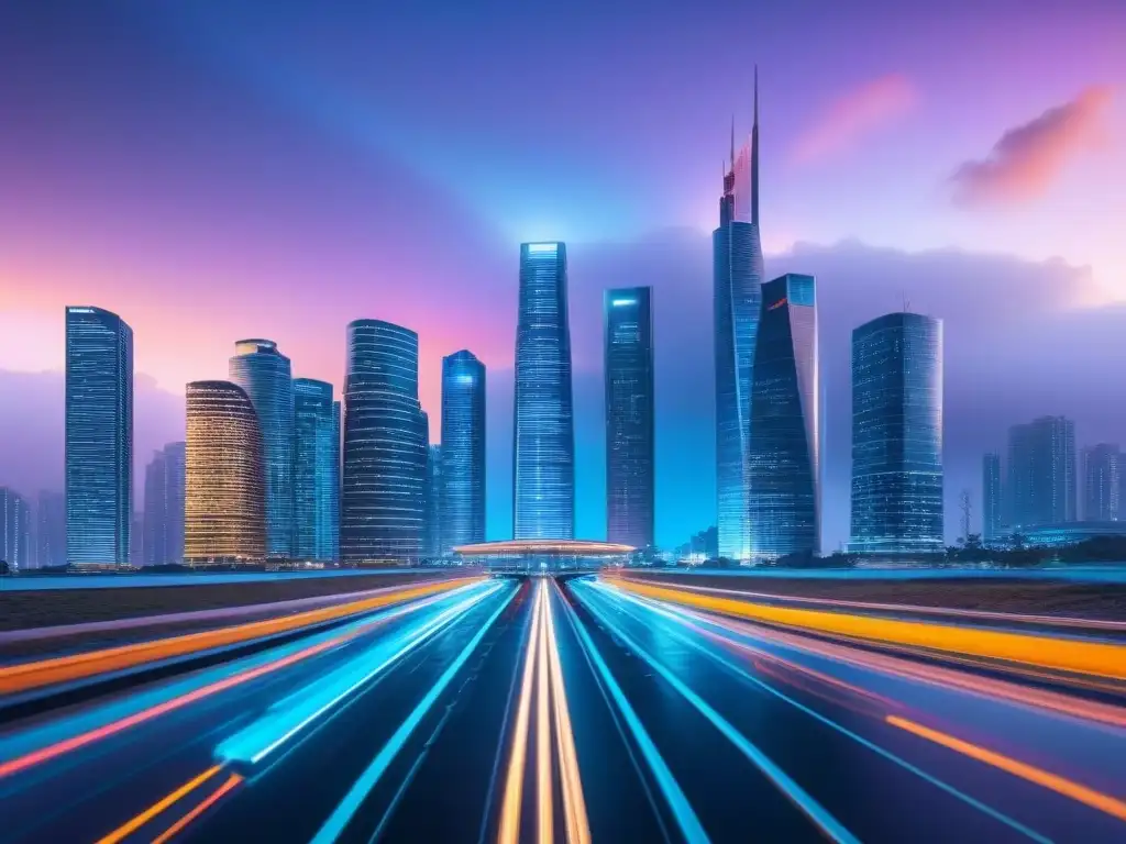 Metrópolis futurista: tecnología AI en finanzas inmobiliarias Vista futurista de una ciudad con rascacielos iluminados y datos financieros en HUD