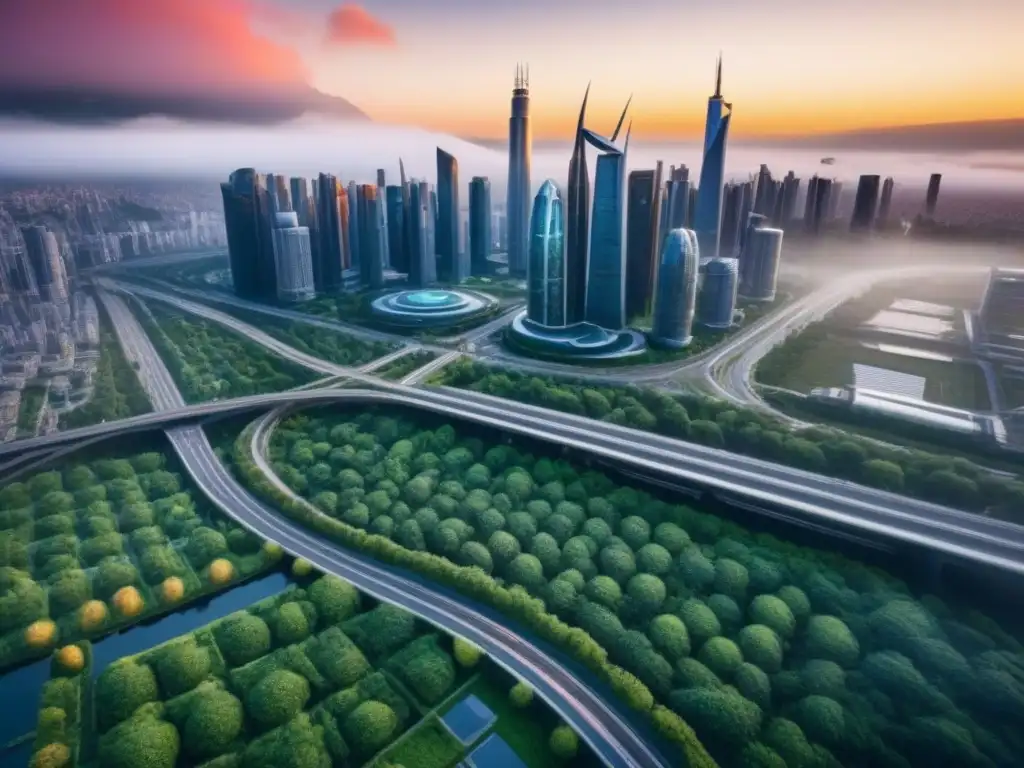 Metrópolis futurista: rascacielos innovadores y naturaleza Vista futurista de ciudad con rascacielos innovadores y naturaleza integrada, reflejando la coexistencia de tecnología y naturaleza