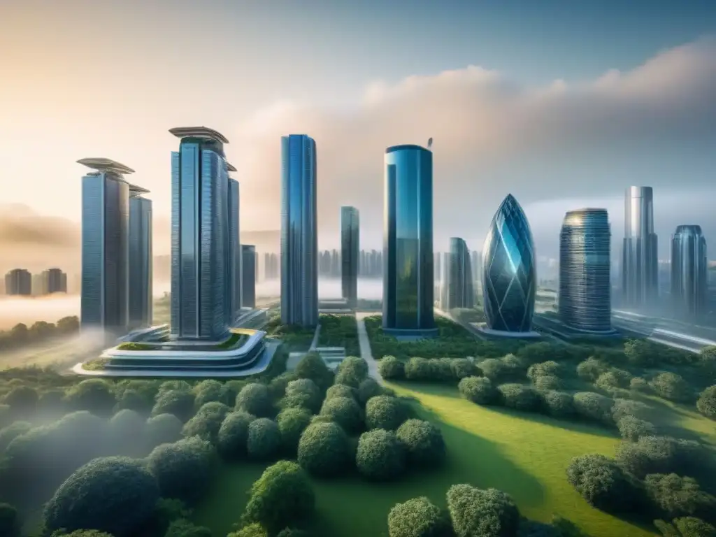 Metrópolis futurista: Gen Alfa y tecnología inmobiliaria Una vista futurista de ciudad con rascacielos y tecnología junto a naturaleza, niños y tendencias mercado inmobiliario generación Alpha