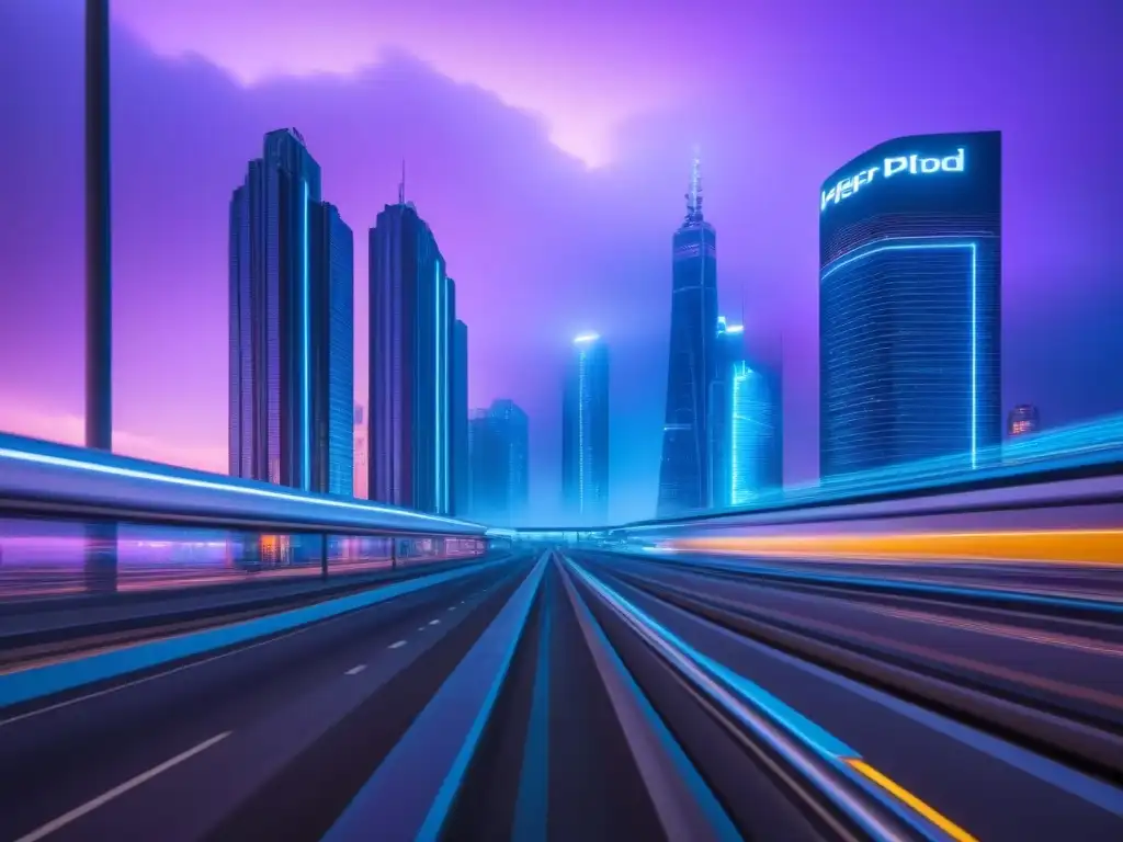 Metrópolis futurista: Proptech innovadora en tonos azules y neón Vista futurista de la ciudad al anochecer con rascacielos iluminados y tecnología avanzada, mostrando análisis de riesgos en Proptech