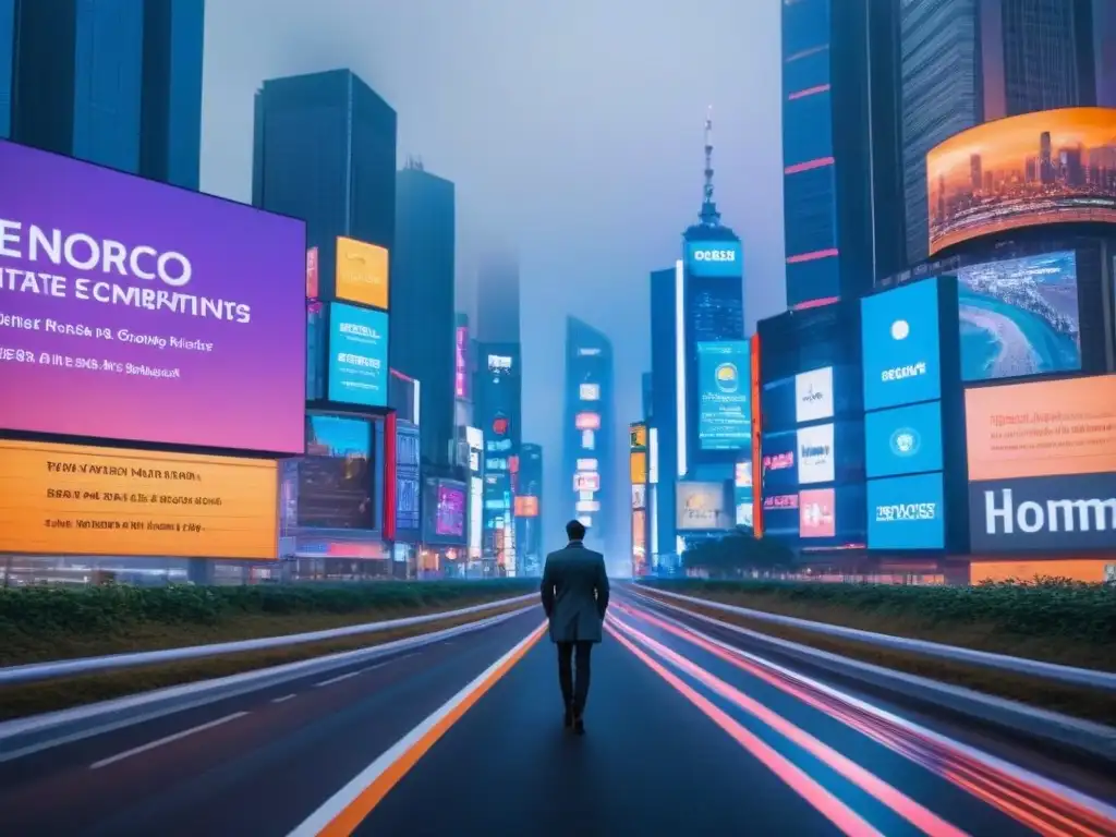 Metrópolis futurista: AI revoluciona la valuación inmobiliaria Vista futurista de una ciudad al anochecer con rascacielos iluminados