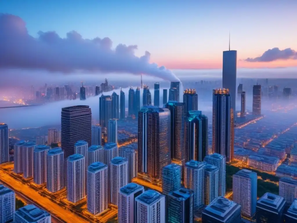 Metrópolis futurista: IA en valuaciones inmobiliarias Vista futurista de la ciudad al anochecer con rascacielos iluminados y drones AI, reflejando la integración de IA en tasaciones inmobiliarias