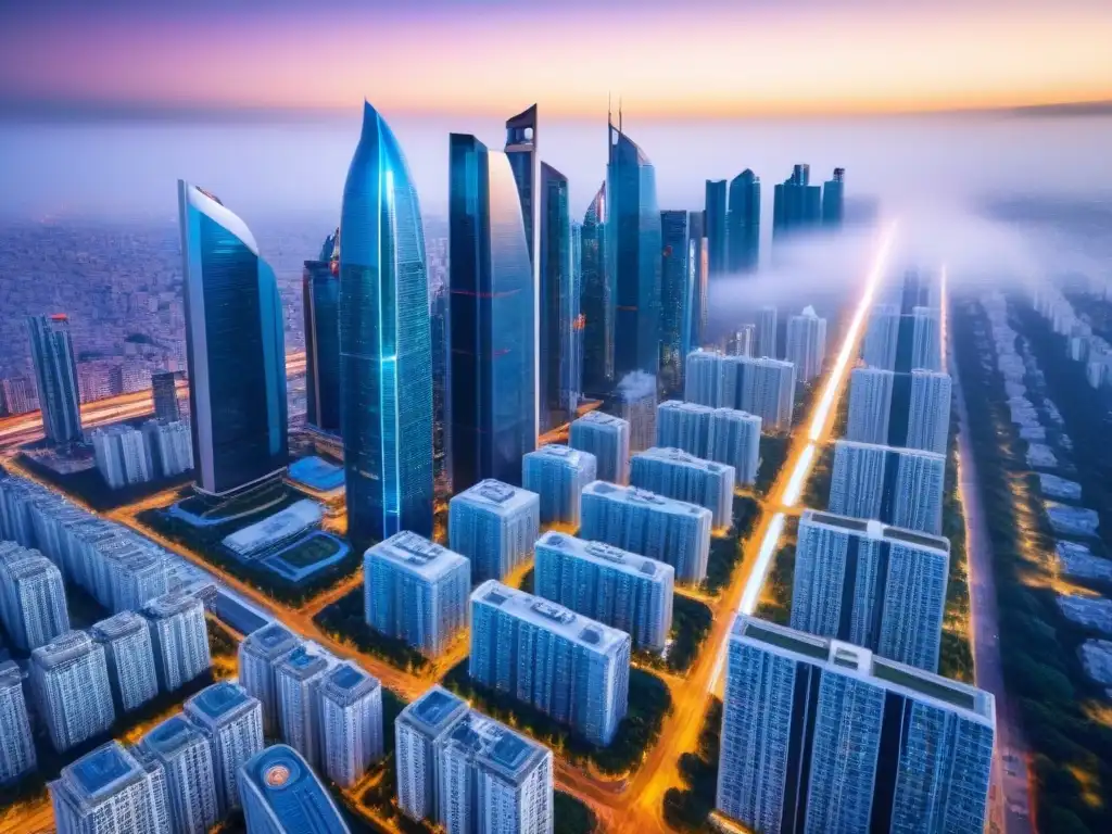 Tasaciones inmobiliarias: IA transformando el mercado Vista futurista de ciudad con rascacielos y pantallas digitales, integrando inteligencia artificial en tasaciones inmobiliarias