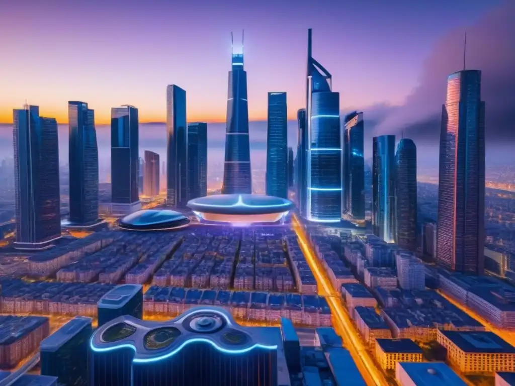 Cityscape futurista: drones AI y rascacielos en 8k Vista futurista de la ciudad con rascacielos, drones AI y luces de neón, integrando AI en tasaciones inmobiliarias