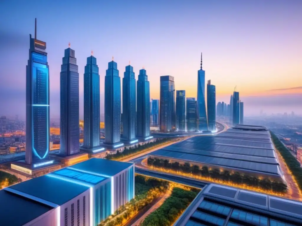 Skyline futurista: innovación en inversión inmobiliaria Vista futurista de la ciudad al anochecer, con rascacielos iluminados, autos voladores y anuncios digitales