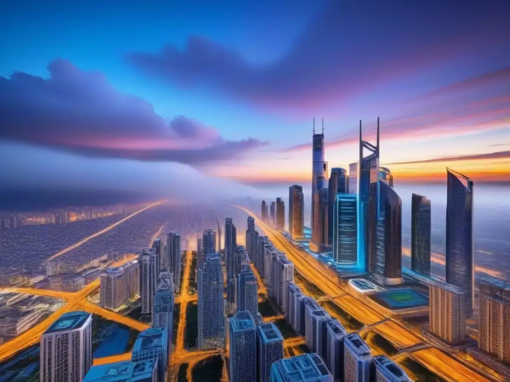 Vista futurista de la ciudad al anochecer, con rascacielos iluminados y tecnología avanzada