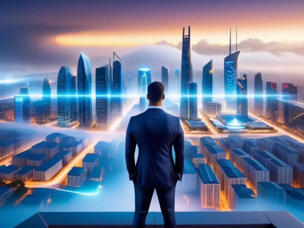Skyline futurista con sistemas de gestión de riesgos digitales integrados Vista futurista de la ciudad con sistemas de gestión de riesgos integrados, minimizando riesgos en inversiones inmobiliarias